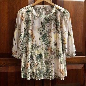 TED BAKER Women’s Dancing Leaves Sheer Pleated 3/4 Sleeved Blouse Sz US 10/L NWT